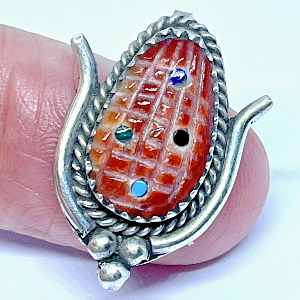 Zuni Corn Pendant‎ Carved Red Spiny Oyster Turquoise Inlay Signed M Native Amer
